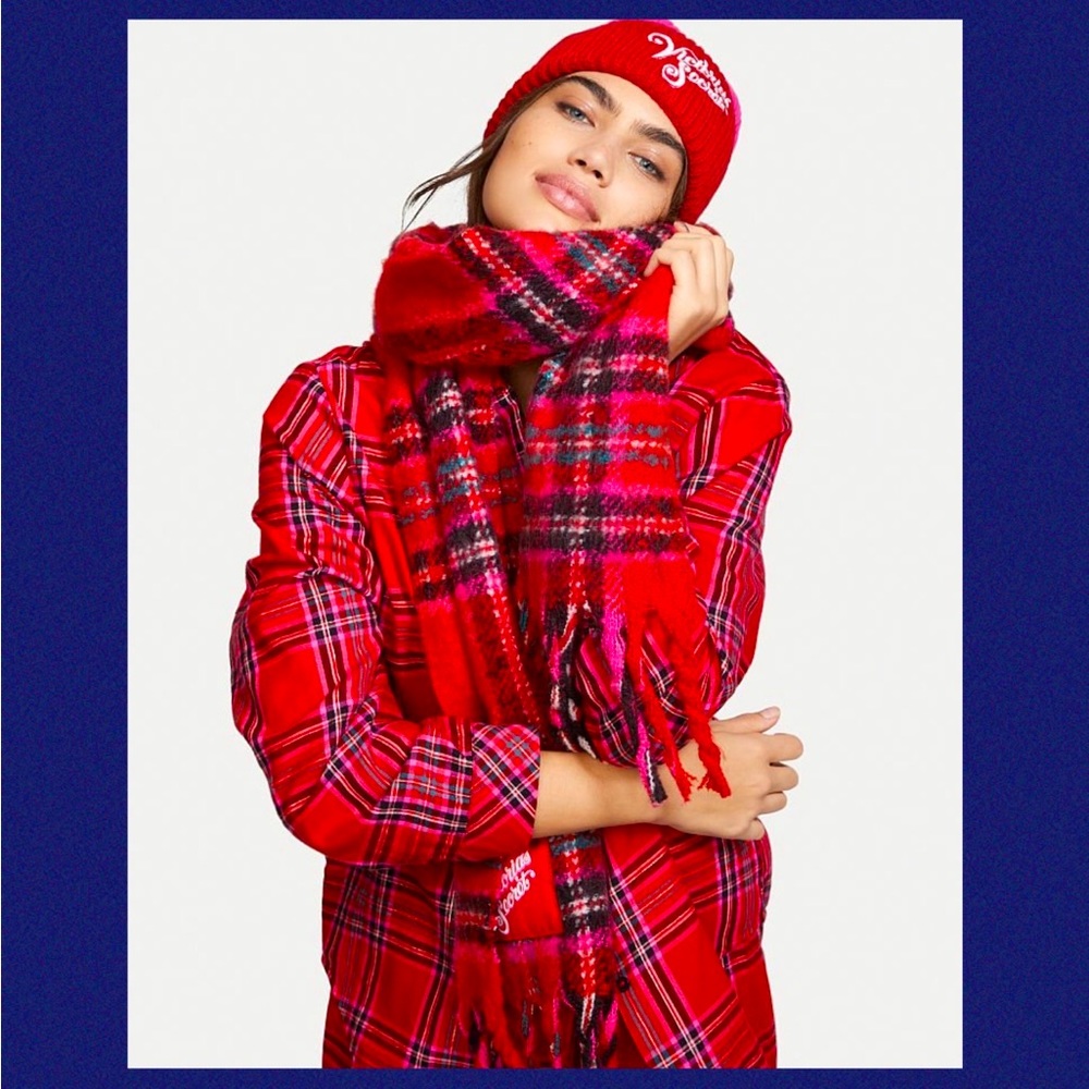 Victoria Secret Cozy Plaid Scarf and Color block Beanie Set